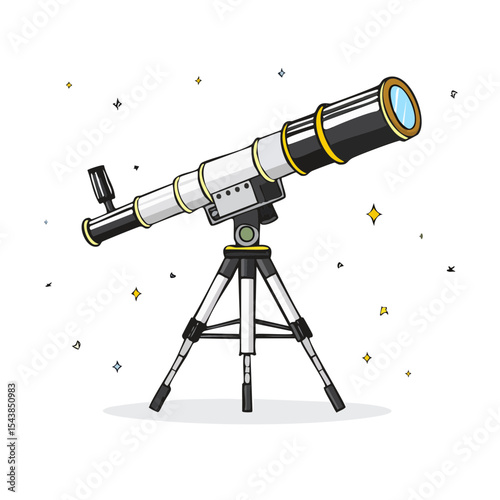 Telescope with tripod observing stars at night Illustration Astronomer Science Astrophysics Education Exploration Universe Cartoon style