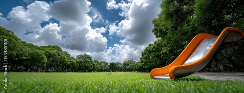 Colorful playground with slides and climbing frames invites children to play in vibrant outdoor park surrounded by trees and green grass