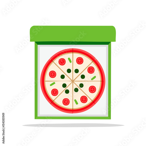 Pizza in a green box freshly baked with tomato and green pepper for take away or delivery in cartoon style vector illustration