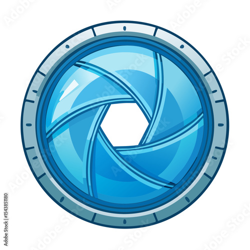 Blue Camera Lens Diaphragm Aperture Cartoon Style Illustration on Black Background