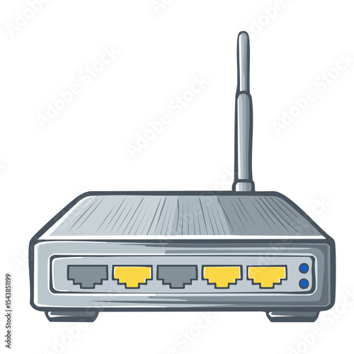 Gray Wireless Router with Antenna for Internet Connection, Network Ports, LED Lights