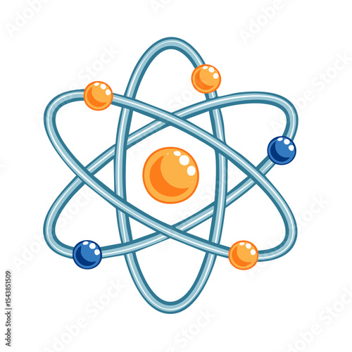 Cartoon Atomic Model with Blue Orbits and Orange and Blue Electrons for Science Education