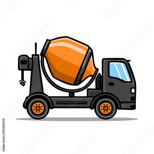 Isolated Illustration of a Concrete Mixer Truck with Orange Drum on Black Background