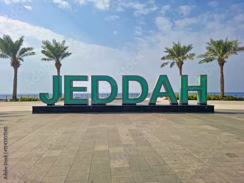 Iconic Jeddah sign, on the Corniche of Jeddah, Saudi Arabia