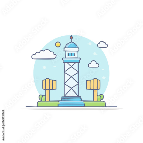 Observation tower illustration against a light blue sky and cloudscape with trees in a park setting for architecture or travel themed designs