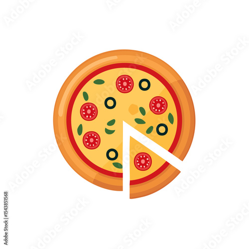 Delicious pizza illustration with missing slice topped with fresh tomatoes olives and basil leaves on dark background tempting fast food concept