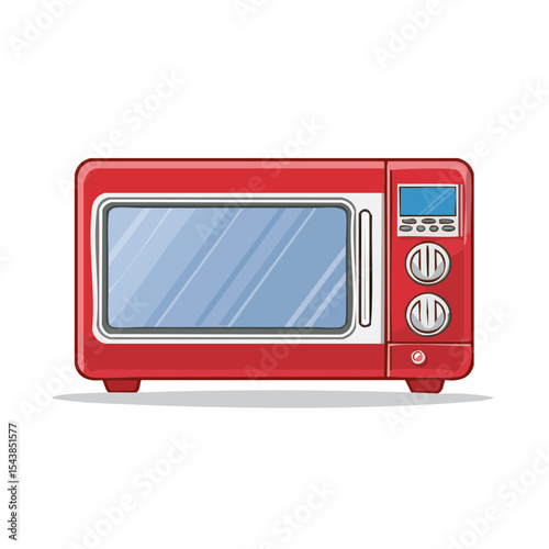 Red cartoon microwave oven appliance for kitchen cooking food preparation isolated on background convenience technology illustration
