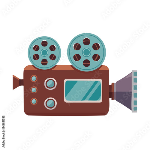 Vintage Movie Camera Illustration with Film Reels, Lens and Button Controls, Retro Style Filmmaking