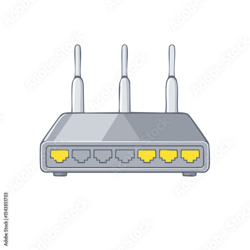 Gray router with three antenna and yellow ports icon illustration on a black background