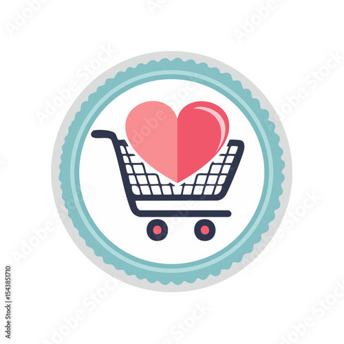 Heart in shopping cart icon for love shopping online sale promotion or valentine's day special shopping concept in round sticker frame