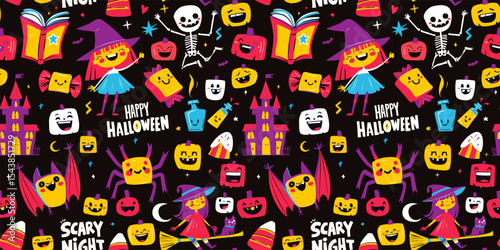 Halloween Night Pattern for Kids Happy Pumpkins, Spiders, Magic and Smiling Witch