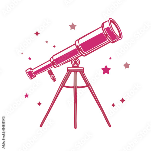 Illustration of telescope viewing stars in night sky for astronomy and space science exploration education with pink hues on black backdrop