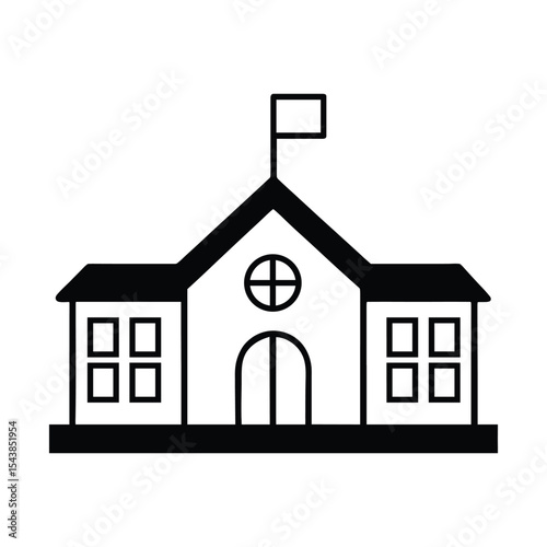 Simple Black and White Line Art Illustration of a School Building with a Flag on Top