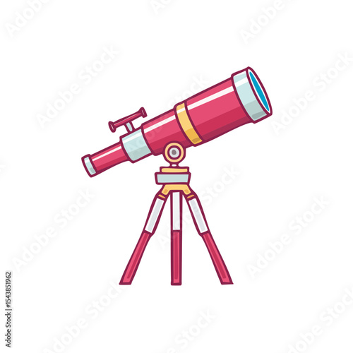 Red Cartoon Telescope on Tripod against Black Background Optical Instrument for Viewing Stars and Planets Scientific Exploration Discovery