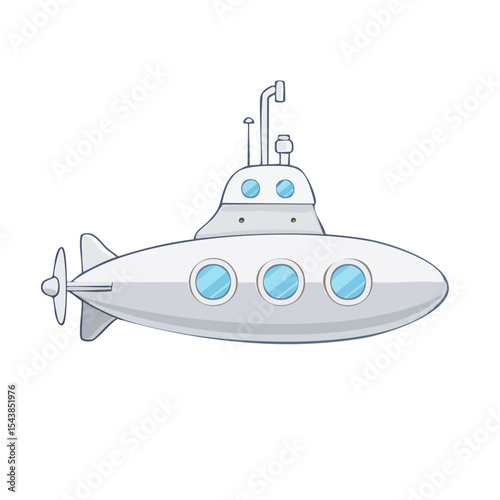 Cartoon submarine isolated illustration underwater vessel with periscope and windows on a black background