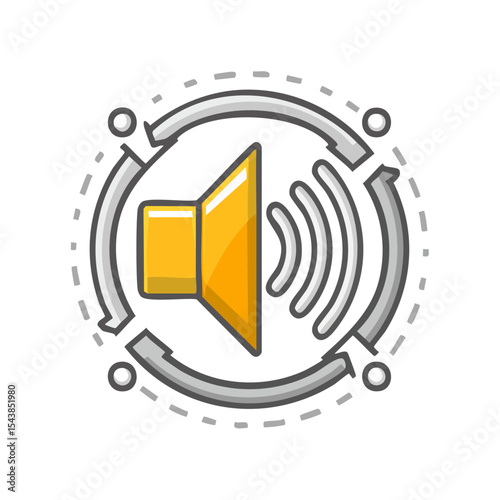 Yellow Volume Icon with sound waves in a circular design on black representing broadcasting and media communication