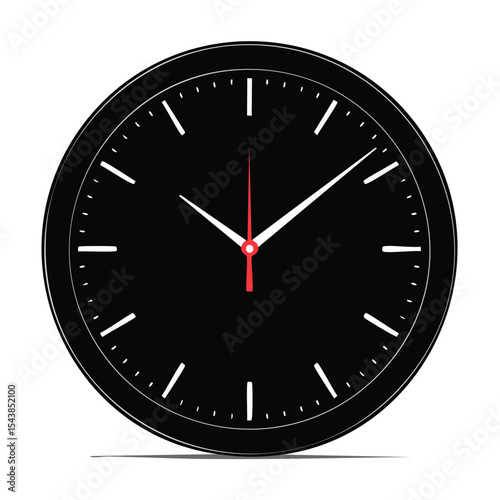 Analog Clock with Red Second Hand and White Hour and Minute Hands in Black Background