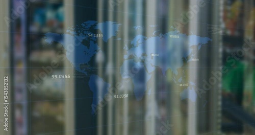 Blurry grocery aisle pan activating world map showing pulsing numeric labels updating live data