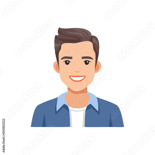 Smiling Young Man Portrait Illustration with Blue Shirt and Brown Hair Expressing Positive Emotions
