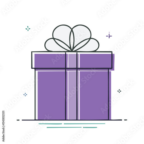 Whimsical gift box illustration in violet color with bow celebration surprise present for special event and holidays fun drawing