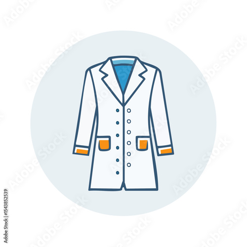 Simple illustration of lab coat on a pale blue background with dark outline.