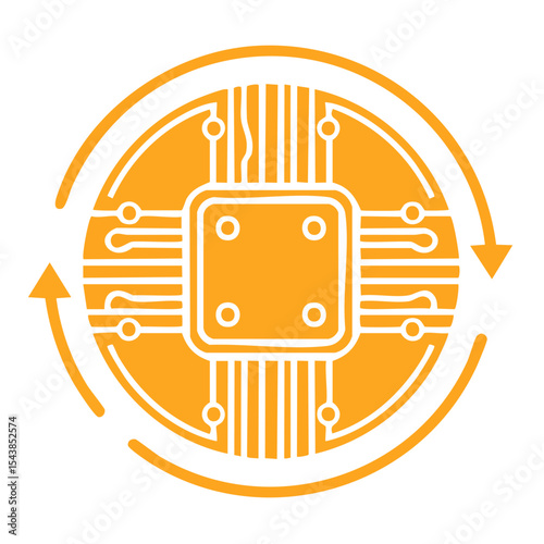 Central processing unit illustration with circular arrows indicating rotation or recycle process digital concept, microprocessor tech design