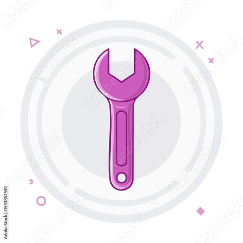 Pink wrench illustration in white circle with decorative elements for repairs and technical work projects