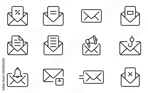 Email envelope icon set. Inbox Simple Line Art Icon. Email Message Icon Set for UI UX App or Social Media.