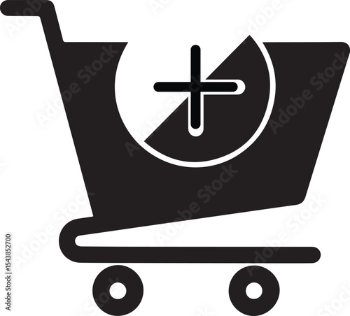 Adding to Cart: The image showcases a minimalist black and white graphic of a shopping cart, with a circular add-to-cart button symbol, ready for purchases.