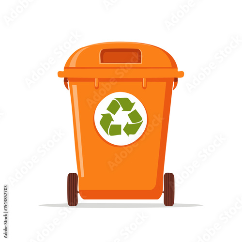 Vibrant orange recycling bin on wheels with green symbol for waste management and environmental protection initiatives simple flat design illustration
