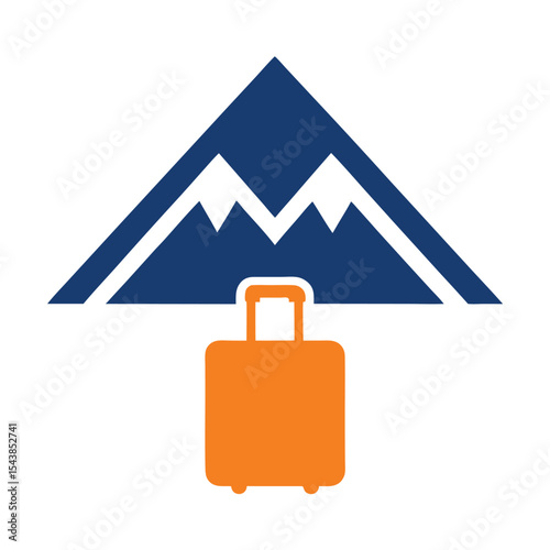 Orange Suitcase Underneath a Blue Mountain Peak Icon on White Background Travel Luggage Trip Adventure Journey