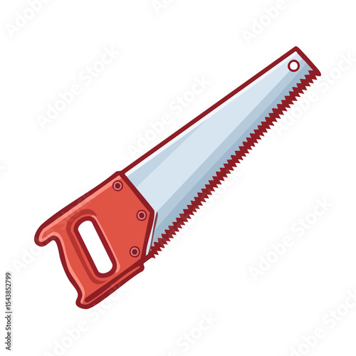 Hand Saw Illustration with Red Handle and Sharp Teeth for Woodworking Projects