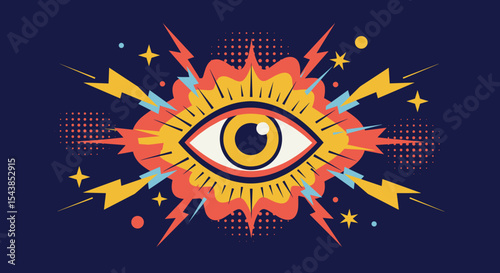 Psychedelic Eye graphic with lightning bolts and colorful explosion design  for vibrant party banners and energetic event promotion