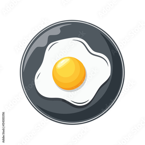 Fried egg with yellow yolk on a gray pan. Cartoon cooking illustration for breakfast or meal preparation project or kitchen decor design.