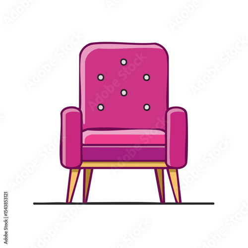 Illustration of a Cozy Pink Armchair with Buttons and Wood Legs Against a Black Background