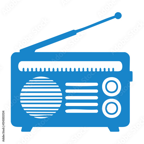 Classic blue radio receiver with antenna broadcasts sound and music on a black background