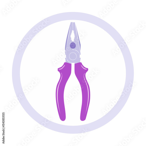 Needle nose pliers tool illustration for repair projects in purple and gray color palette inside white circle for design element