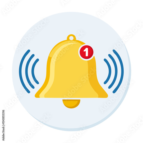 Golden bell ringing with notification indicator one new message alert sound symbol flat vector design element for user interface UX