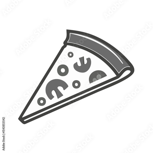 Stylized monochrome slice of pizza with mushroom and olive toppings on black background