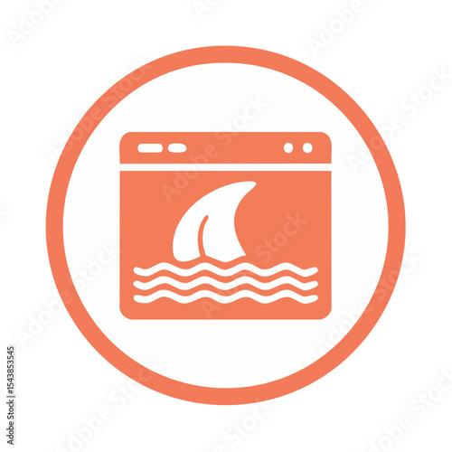 Website display of Shark fin emerging from water circle frame concept for hazard awareness and coding protection