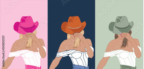 Cowgirl Illustrations – Western Girls Wearing Cowboy Hats Vector Set
