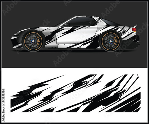 Car Wrap Design with Abstract Black and White Graphics for Vehicle Customization