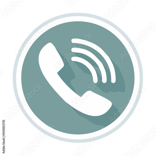 Incoming call graphic in muted blue circle. Phone handset icon with signal waves communication alert. Contact us service for business customer support