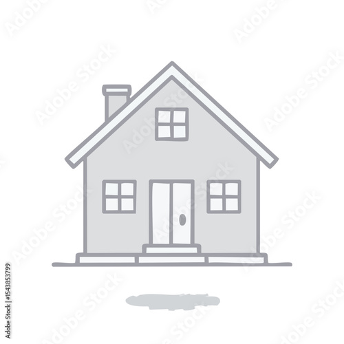 Stylized Residential House Facade Illustration With Chimney, Windows, Door and Yard on Black Background