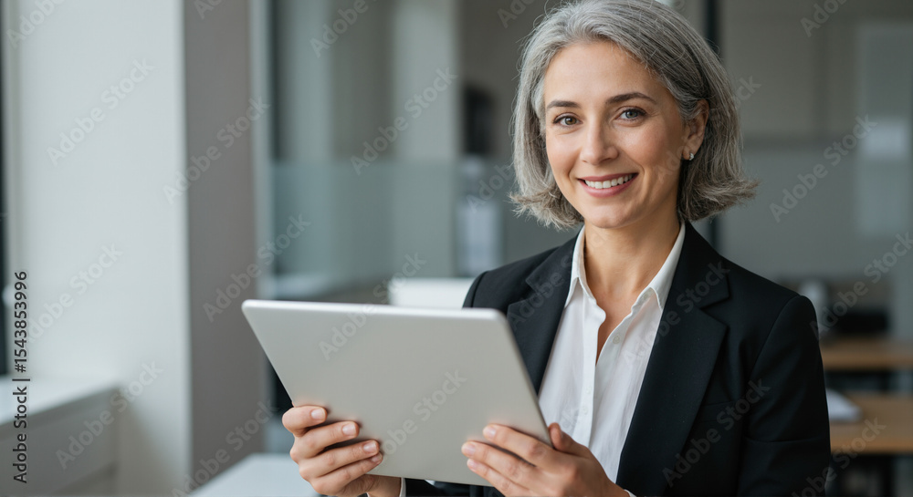 Confident senior businesswoman smiling while holding a digital tablet in a modern office environment. Concept of leadership, technology, and female empowerment in business. Confident senior businesswoman smiling while holding a digital tablet in a modern office environment. Concept of leadership, technology, and female empowerment in business.