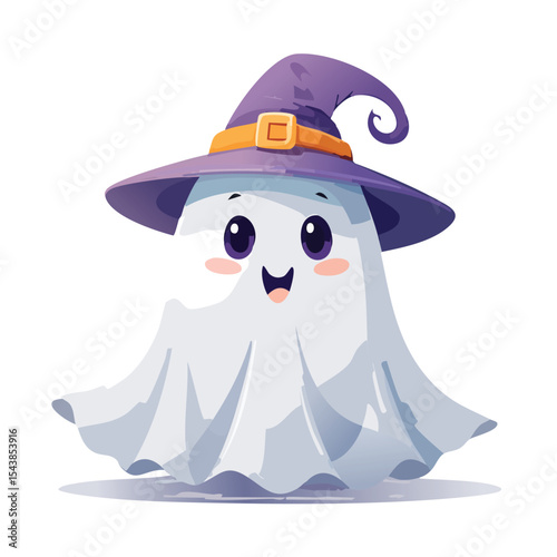 A cartoon ghost wearing a witchs hat with a buckle is shown
