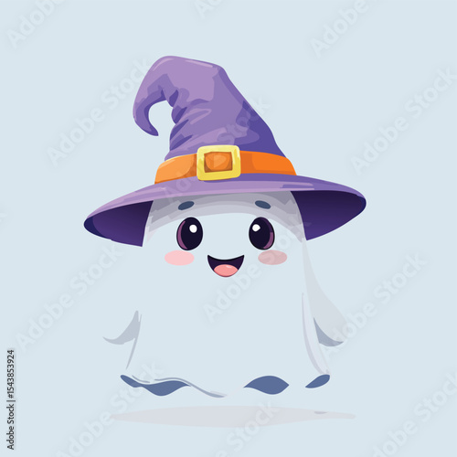 A cartoon ghost wears a purple witch hat with a yellow buckle and smiles sweetly