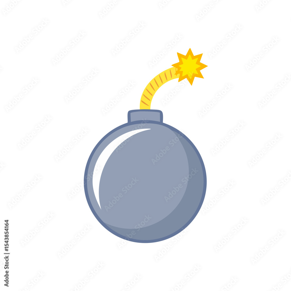 Cartoon Bomb with Burning Fuse Gray Sphere Explosive Weapon on Black Background