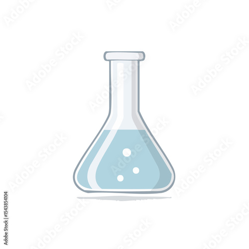 Erlenmeyer flask filled with light blue liquid and bubbles inside. Science laboratory equipment cartoon illustration
