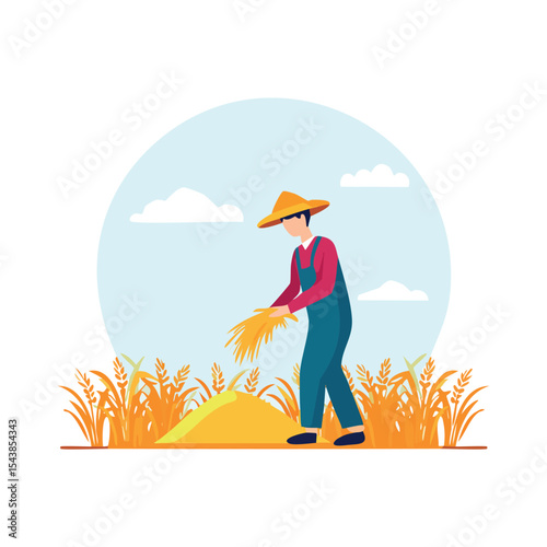 Farmer harvesting crop in a field wearing overalls and a hat